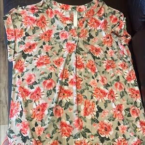 Pleated Pink and Orange Cap Sleeve Blouse with Mandarin Collar